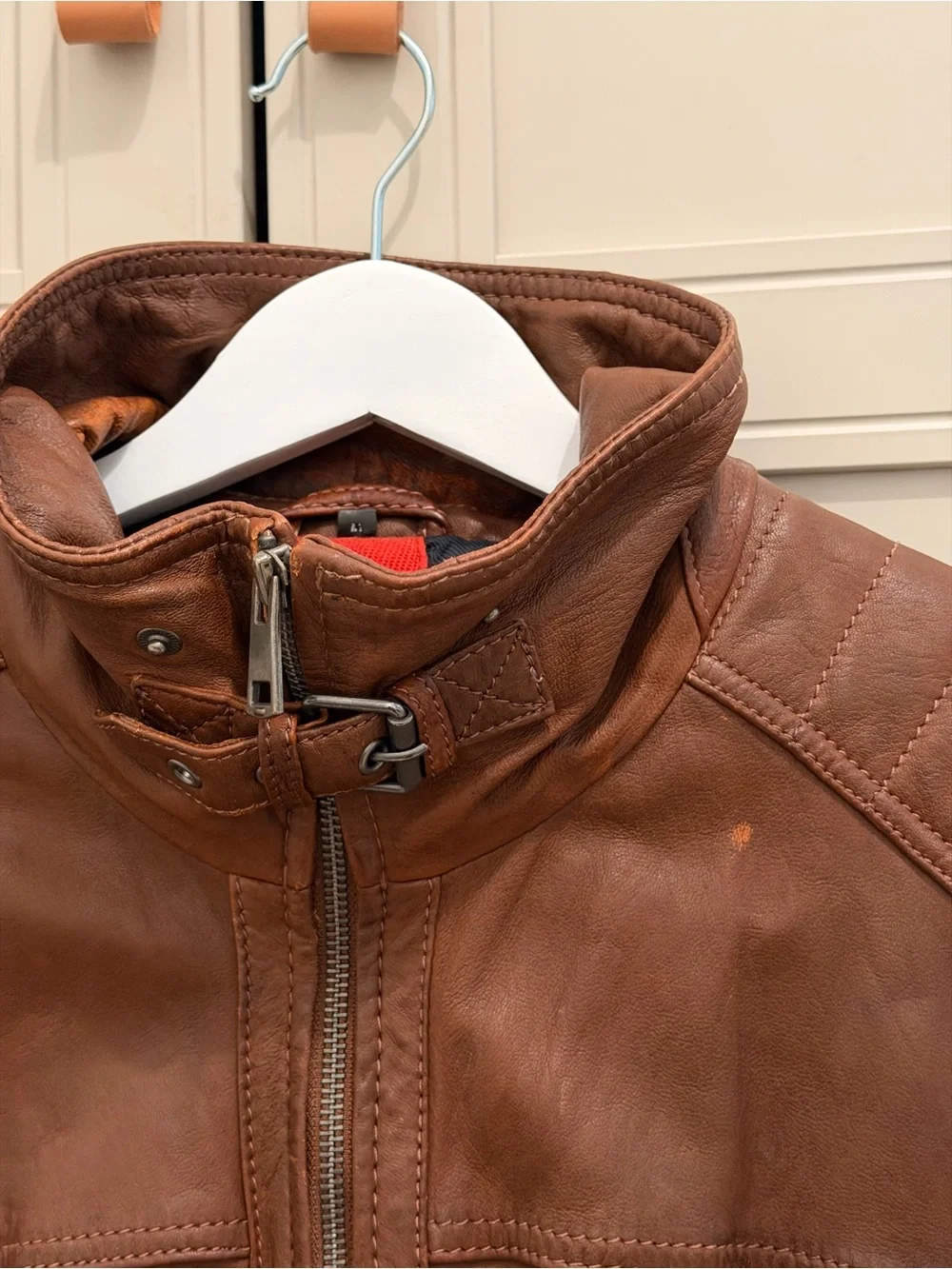 Vintage Brown Leather Jacket with Stand Collar